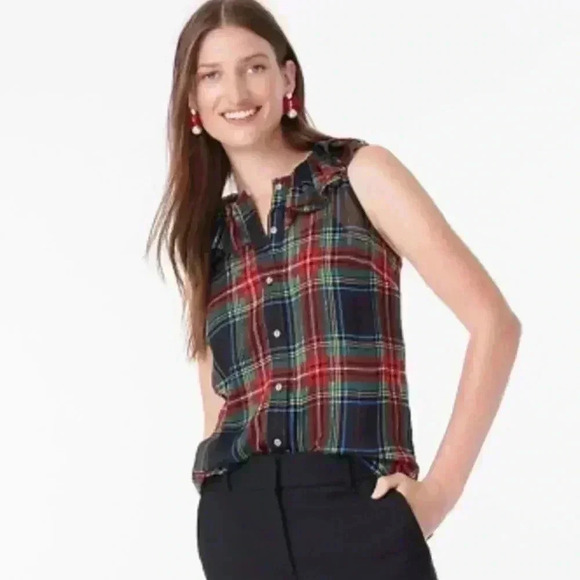 J. Crew Sleeveless ruffle-collar top in black Stewart tartan - Picture 2 of 11